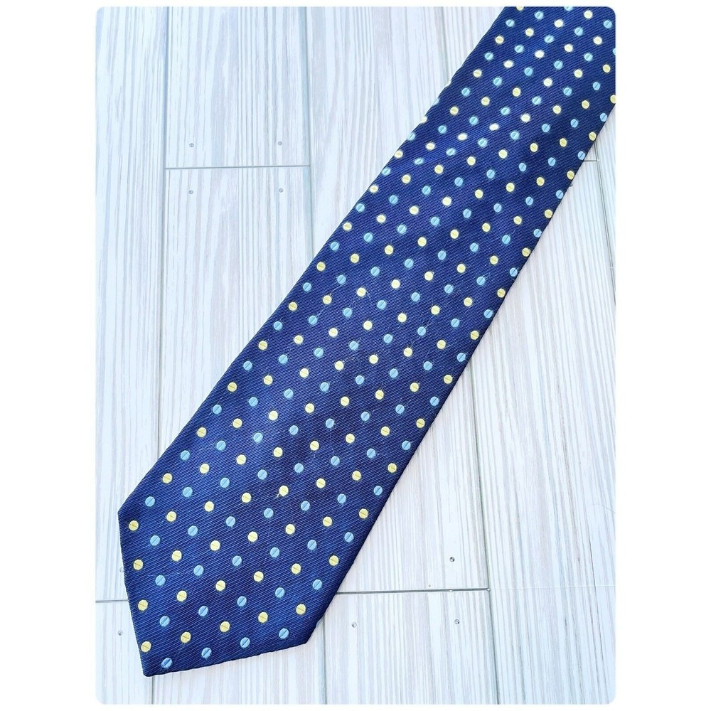 Tommy Hilfiger Men Necktie 100% Silk Vintage Logo Made in USA. Blue Polka Dots - Picture 2 of 3